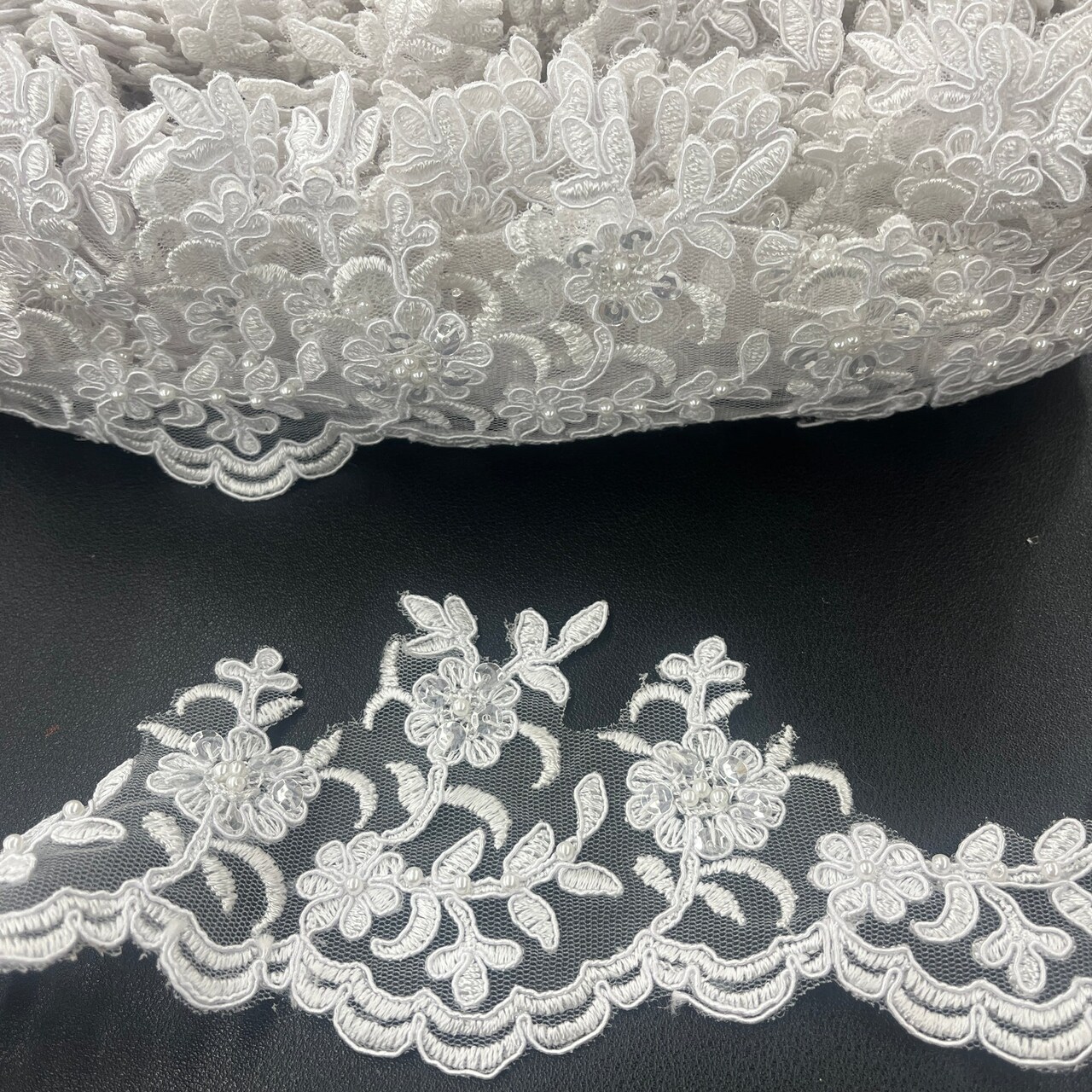 1 Yard Beaded Corded Lace Trim 4" Wide White with Silver Embroidered on 100% Polyester